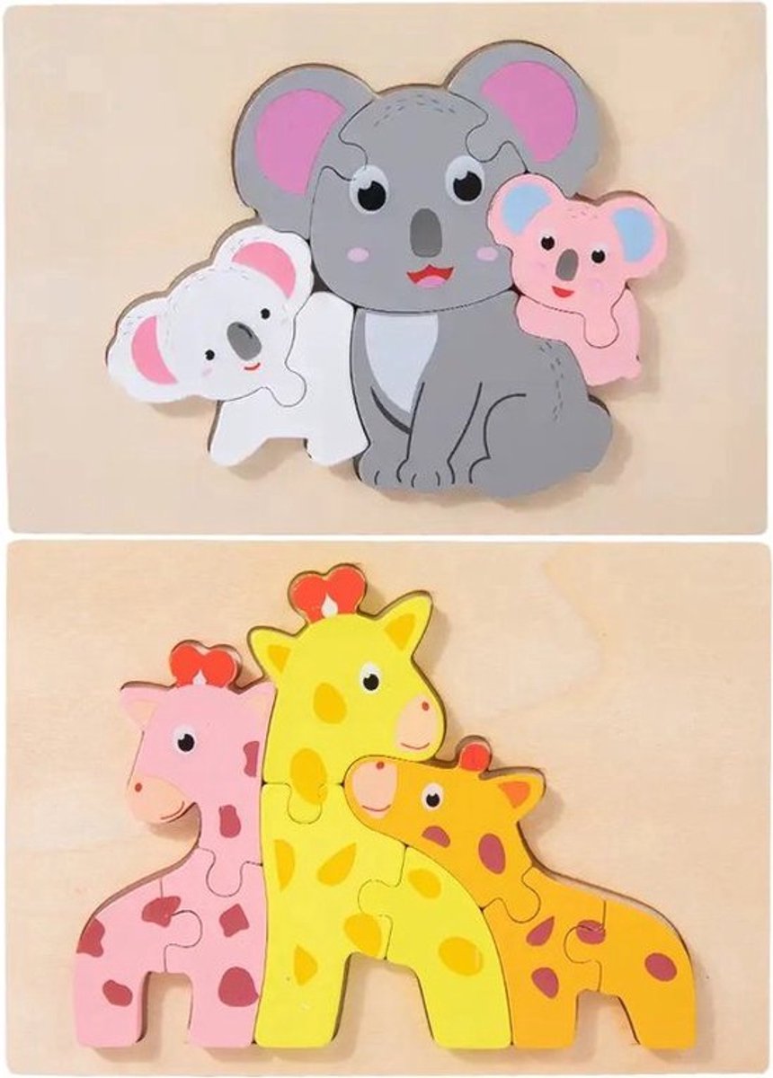 Houten dieren puzzels - Giraf en Koala - 8 stukjes - Vanaf 2 jaar - Kinderpuzzel - Educatief montessori speelgoed - Grapat en Grimms style