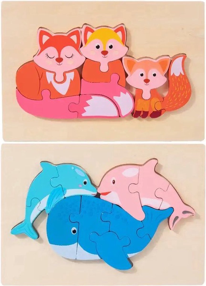 Houten dieren puzzels - Vossen en dolfijnen - 10 en 11 stukjes - Vanaf 2 jaar - Kinderpuzzel - Educatief montessori speelgoed - Grapat en Grimms style