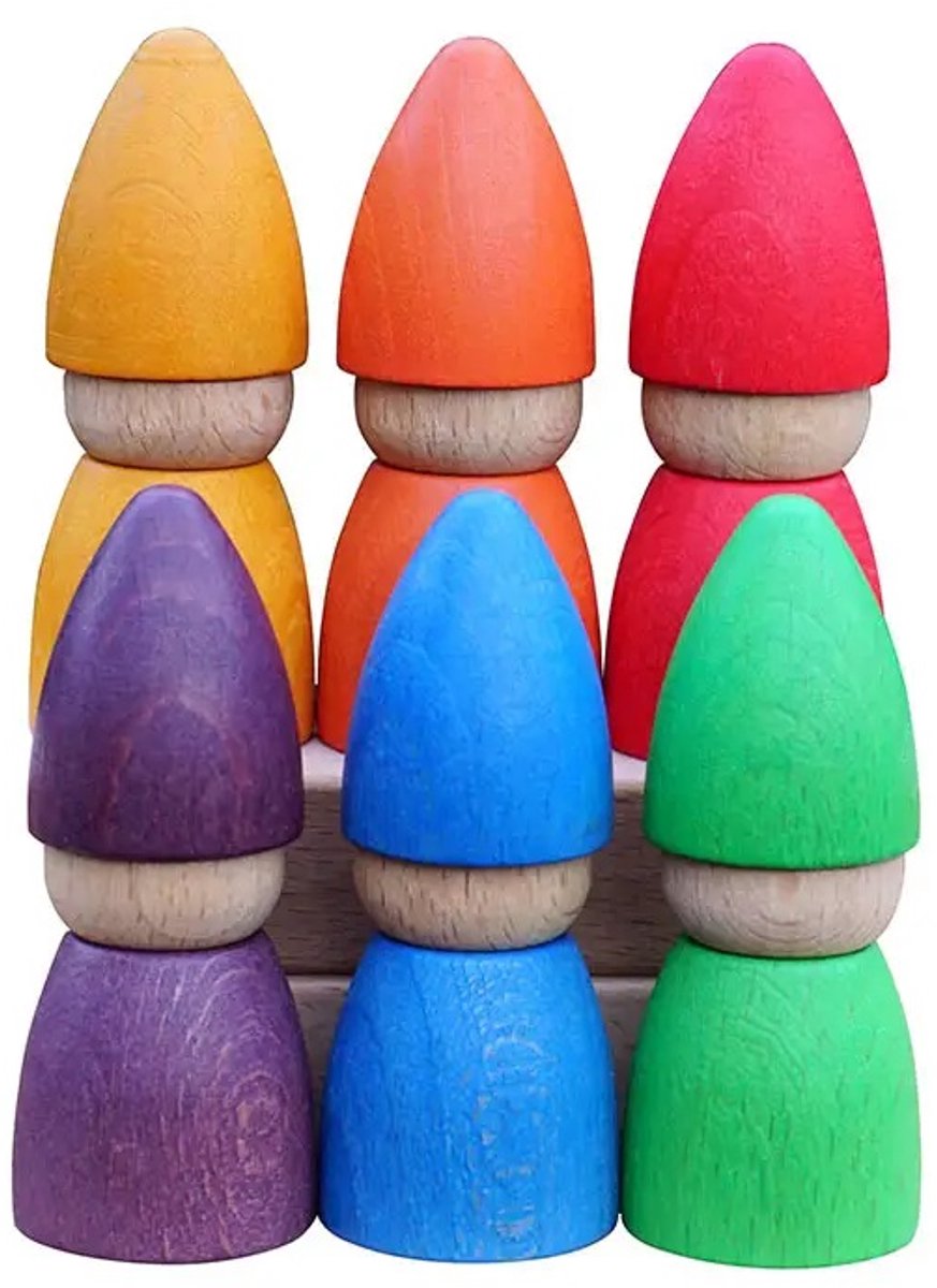 Houten kaboutertjes - Regenboogkleuren - 6 stuks - Open einde speelgoed - Educatief montessori speelgoed - Grapat style