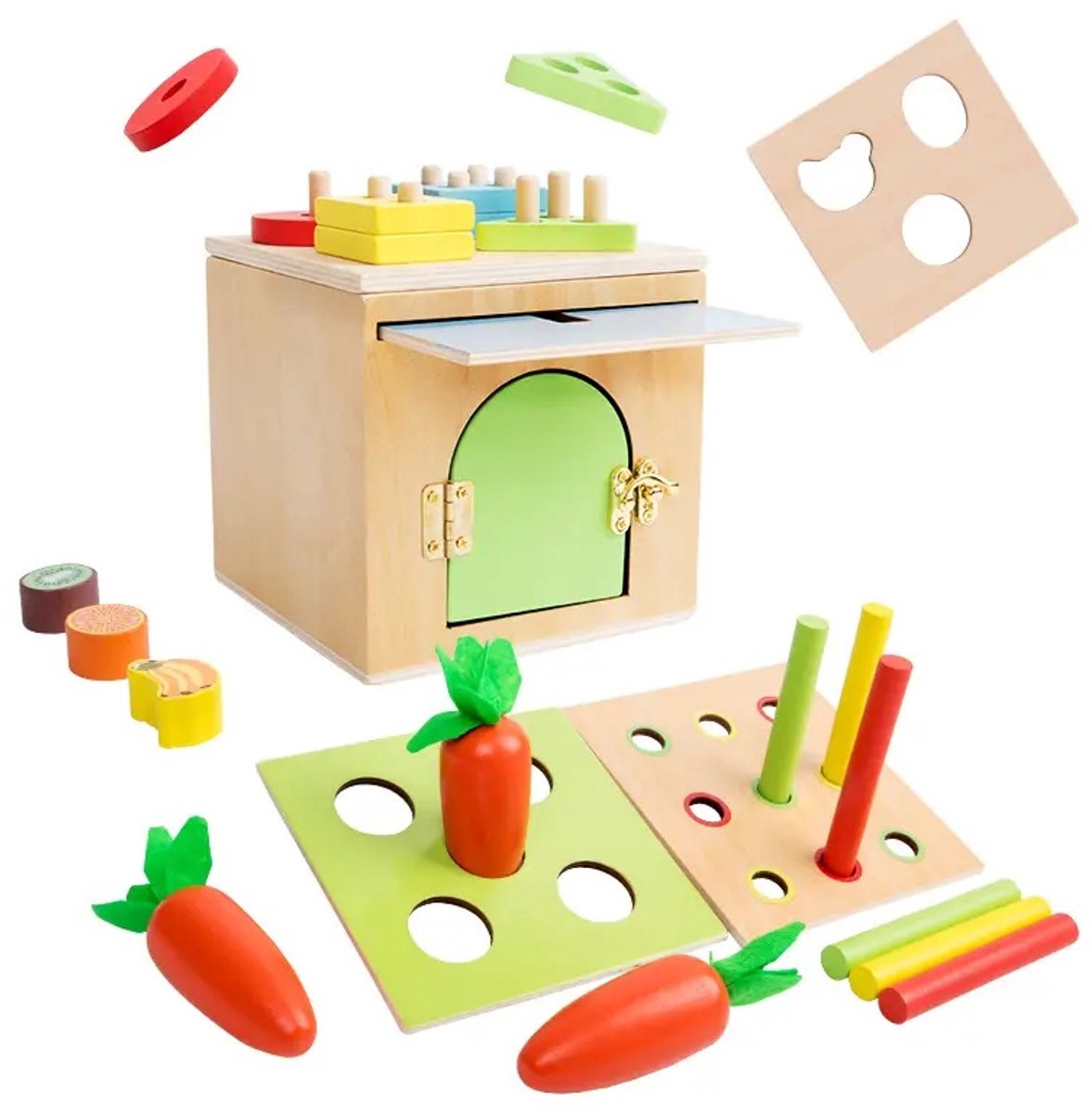 Houten kinderpuzzelbox - Sorteer en stapelspeelgoed - 5 in 1 - Activiteiten box - Regenboogkleuren - Open einde speelgoed - Educatief montessori speelgoed - Grapat en Grimms style