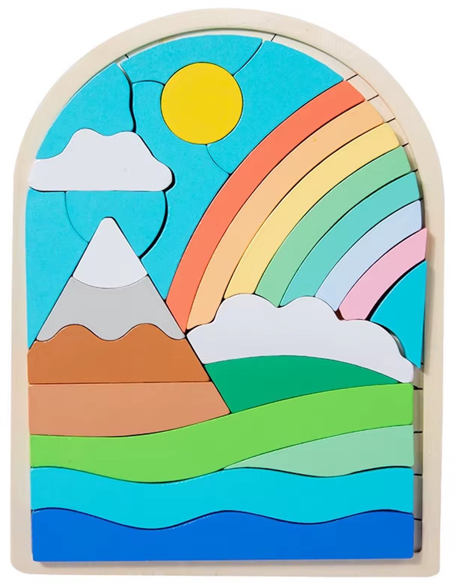 Houten landschapspuzzel regenboog - Vanaf 4 jaar - 26 stukjes - Kleuren en vormen - Educatief speelgoed - Legpuzzel - Kinderpuzzel