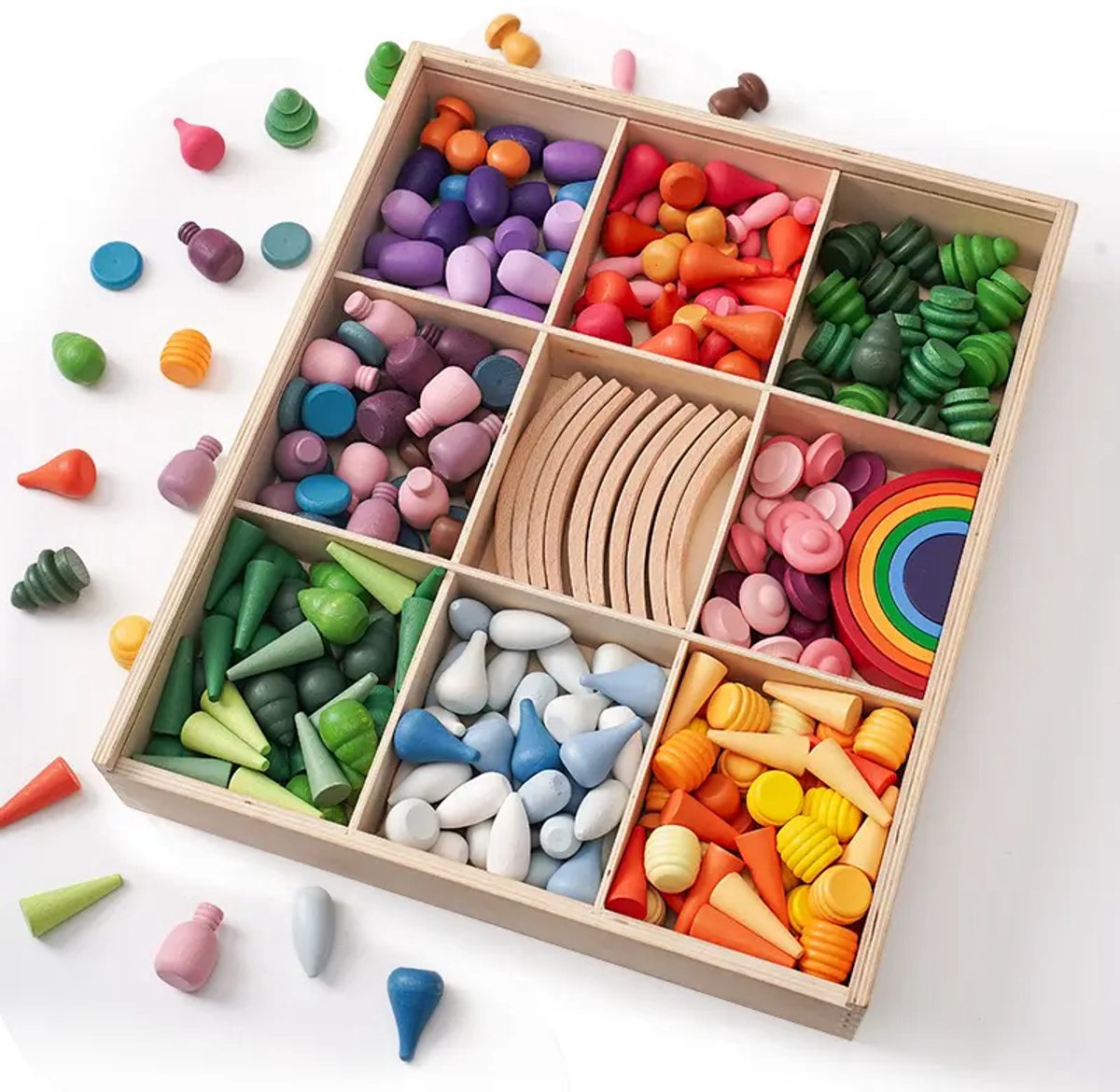 Houten mandela figuren met sorteerbak - Loose parts - Regenboogkleuren - 274 stuks - Open einde speelgoed - Educatief montessori speelgoed - Grapat en Grimms style