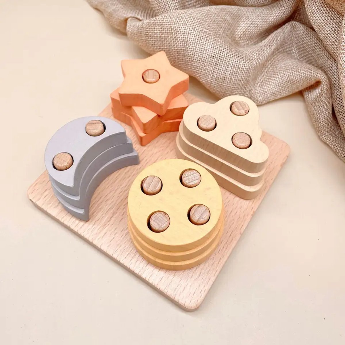 Houten puzzel met pasteltinten - Sorteerspel en stapelfiguren- Open einde speelgoed - Educatief montessori speelgoed - Grapat en Grimms style