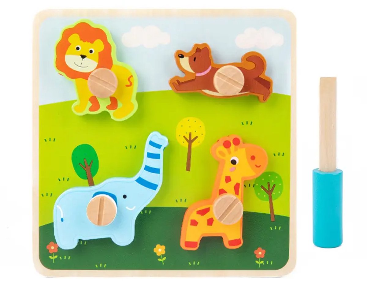 Houten schroef puzzel dieren - Vanaf 18 maanden - Kinderpuzzel - Educatief montessori speelgoed - Grapat en Grimms style