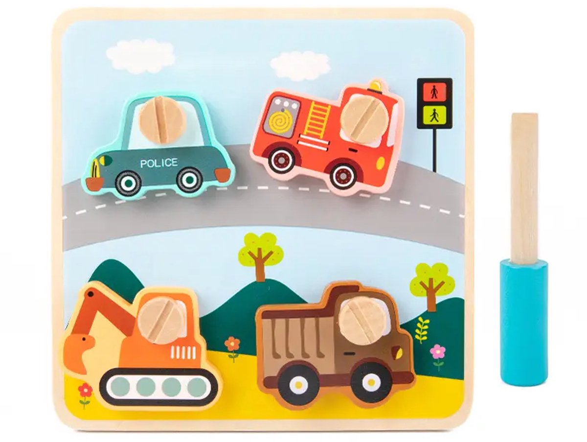 Houten schroef puzzel voertuigen - Vanaf 18 maanden - Kinderpuzzel - Educatief montessori speelgoed - Grapat en Grimms style