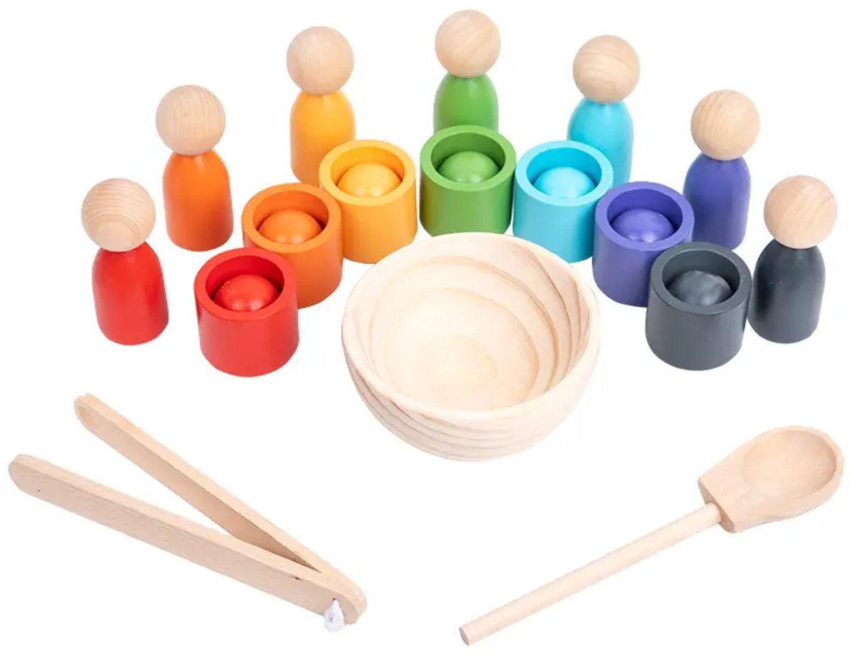 Houten sorteerspel - Kleuren en vormen - 7 bakjes - 7 balletjes - 7 poppetjes - open einde speelgoed - Educatief montessori speelgoed - Grapat en Grimms style