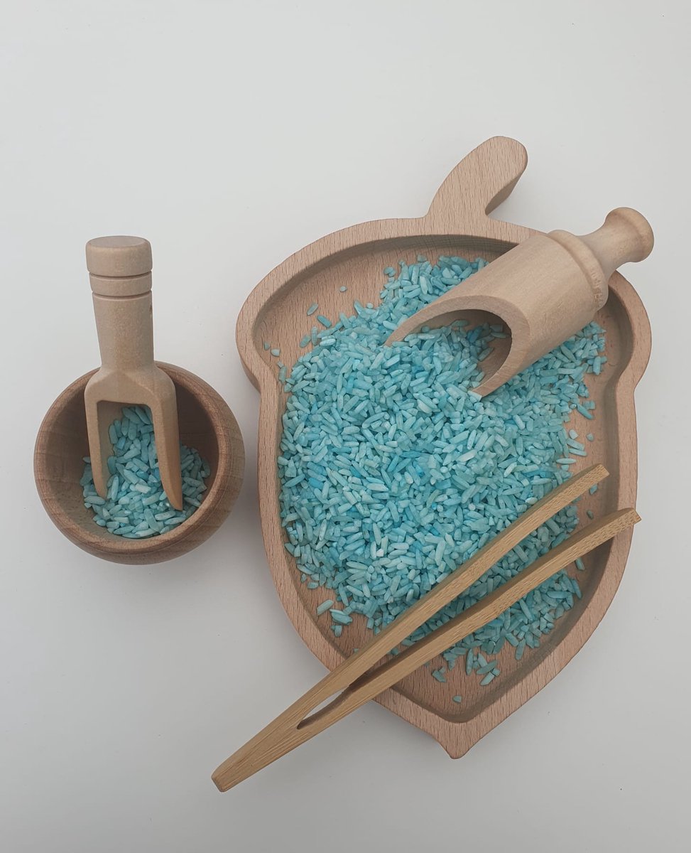 Houten speelbak eikeltje met schepjes, pincet en bakje - Sensory play - Speelrijst of speelzand- Open einde speelgoed - Montessori speelgoed - Grimms & Grapat style - Speeltray, speelframe - Tray: 19 x 12.5 x 2 cm