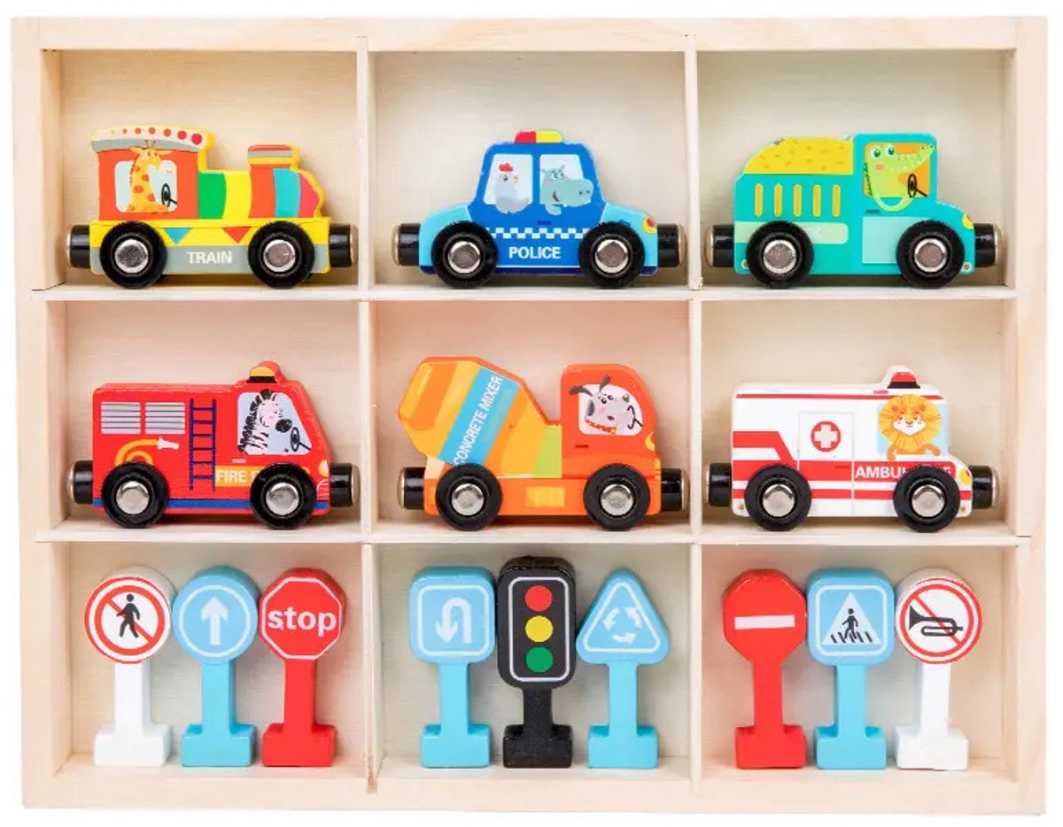 Houten speelgoed autos met magneet - 15-delig - Vanaf 2 jaar - Educatief montessori speelgoed - duurzaam speelgoed 2 jaar - Jongens speelgoed