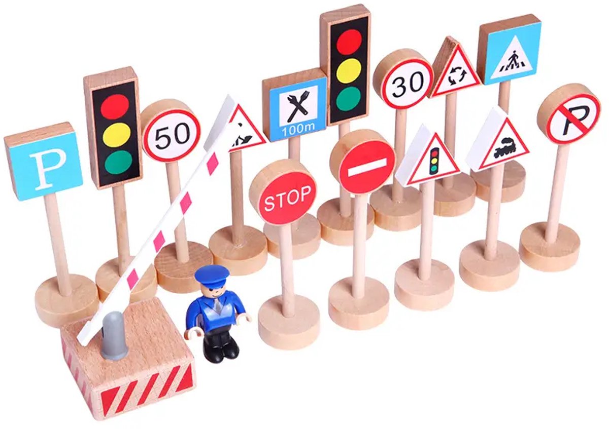 Houten speelgoed verkeersborden - 16 stuks - Open einde speelgoed - Educatief montessori speelgoed - Grapat en Grimms style