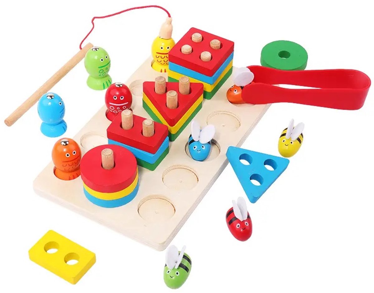 Houten speelset 3 in 1 - Sorteer en stapelspeelgoed - Sensory play - Magneet vissen - Regenboogkleuren - Open einde speelgoed - Educatief montessori speelgoed - Grapat en Grimms style