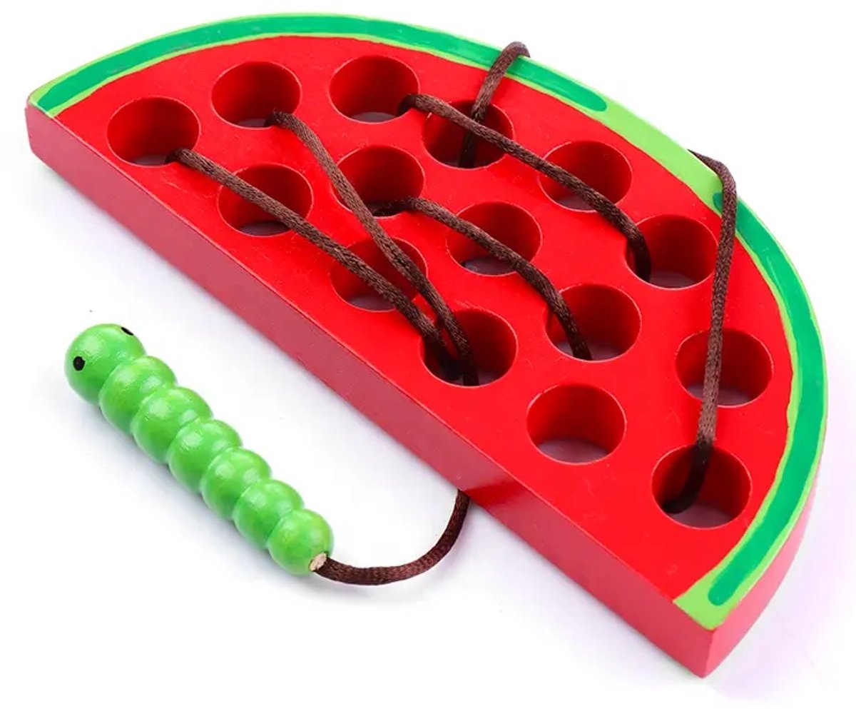 Houten veterspeelgoed meloen - Vanaf 2 jaar - Educatief montessori speelgoed - Peuter speelgoed - Reisspeelgoed - Speelgoed voor onderweg