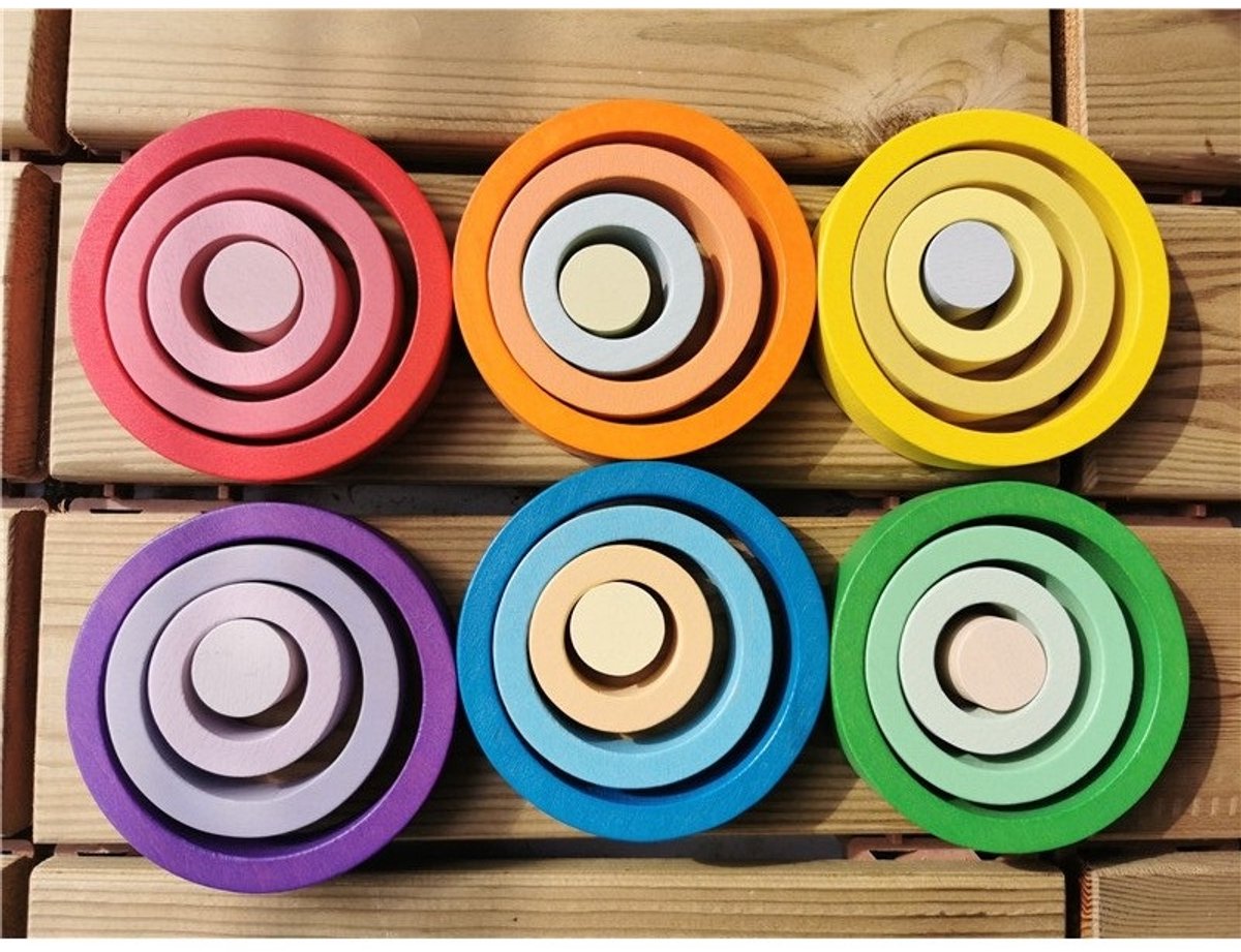 Regenboog ringen - Nest rings - 24 stuks - Houten ringen - Grapat en Grimms style - Open einde speelgoed - Educatief montessori speelgoed