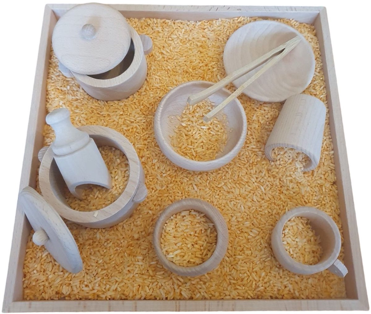 Sensory houten speelset met tray - 13 stuks - Schepjes, tang, bakjes en tray - Accessoires speelrijst of speelzand- Open einde speelgoed - Montessori speelgoed - Grimms & Grapat style
