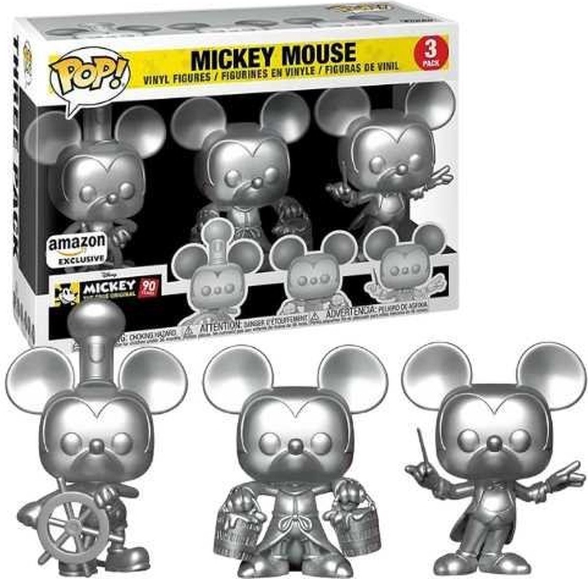   Pop! Disney - Mickey Mouse (Steamboat WIllie / Apprentice / Conductor) Silver 3-Pack Amazon Exclusive