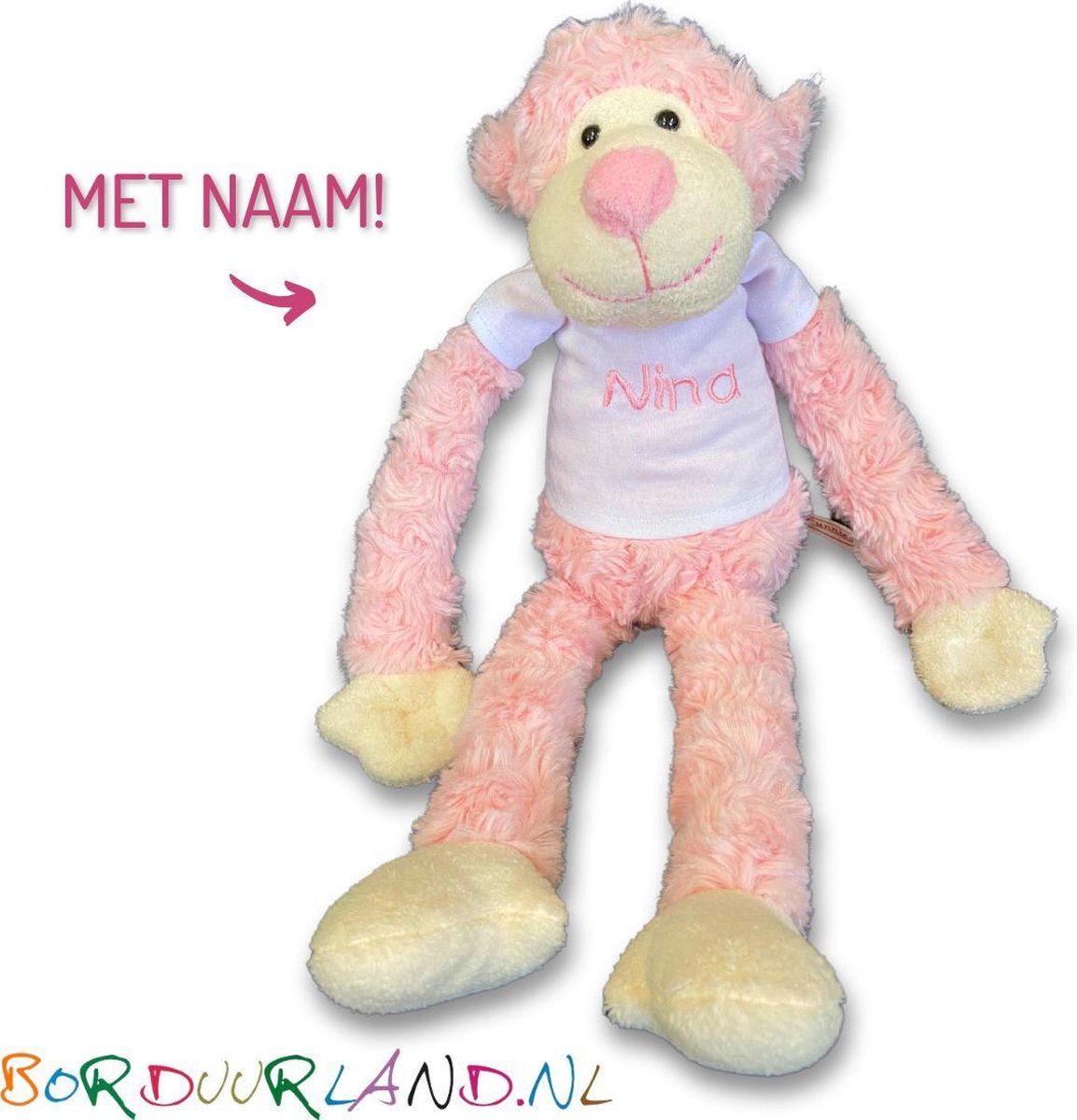 Funnies Gepersonaliseerde Baby Knuffel Met Naam - Baby Speelgoed 0 Jaar - Cadeau Meisje/Jongen - Babyshower - Kraamcadeau - Slingeraap Roze 45cm