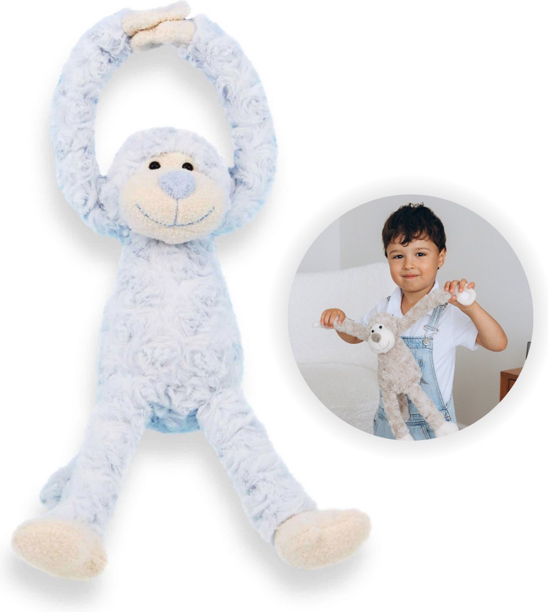 Funnies Slingeraap Blauw 45 cm - Zachte Knuffelaap, Knuffel, Knuffeldier - Pluche Speelgoed - Schattige Knuffelvriend voor Baby’s en Peuters - Ideaal als Troost Pop, Knuffelbeest of Cadeau