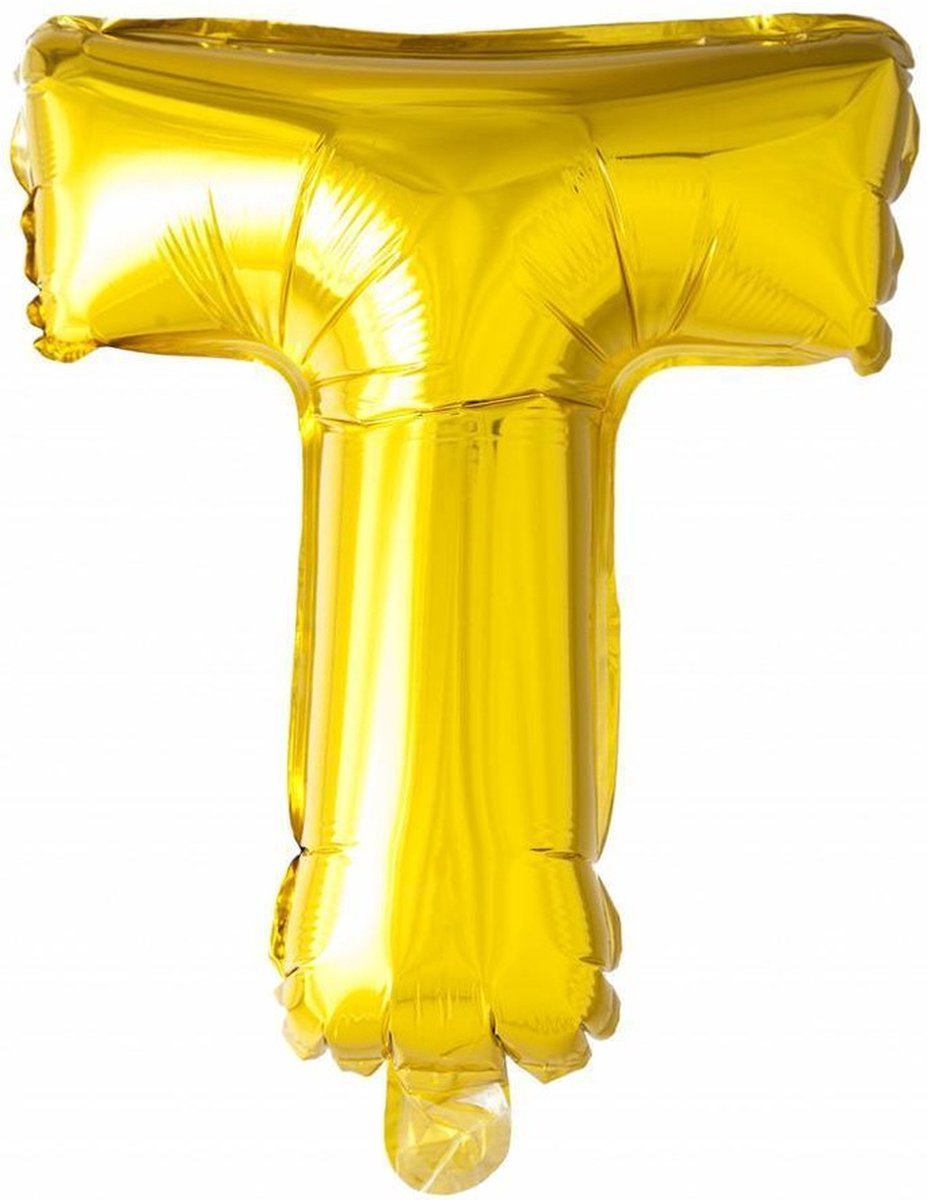 Folie Ballon Letter T Goud 41cm met Rietje