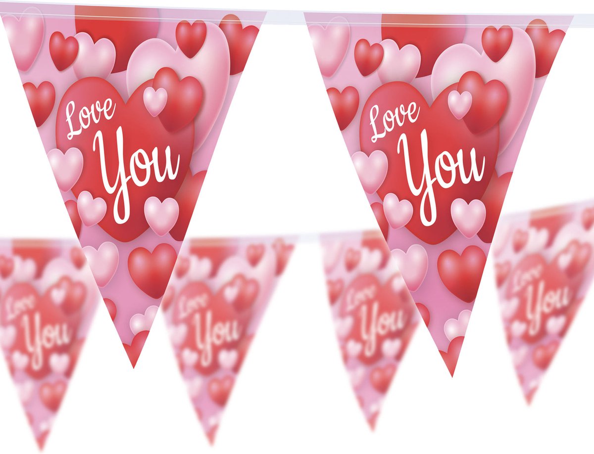Funny Fashion Love You/Liefde/Valentijn/Bruiloft thema feestslinger vlaggenlijn - 3x - hartjes print - 500 cm - plastic