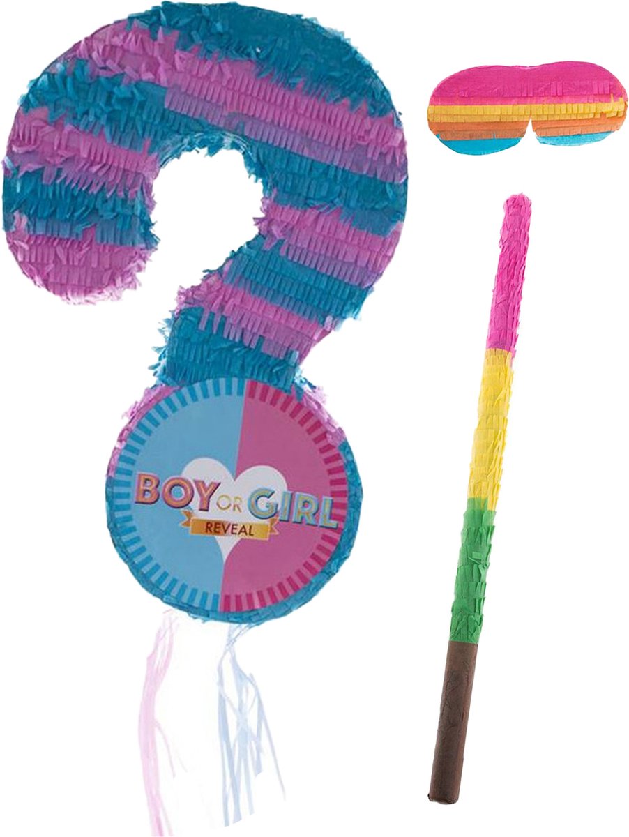     Gender reveal baby - 31 x 51 cm - papier - set met stok 54 cm en masker