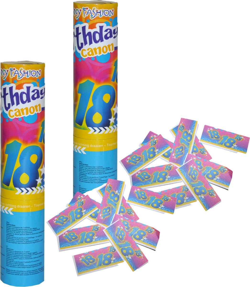   confetti shooter/kanon - 2x - verjaardag 18 jaar - papier - multi kleuren - 20 cm - leeftijd feestartikelen