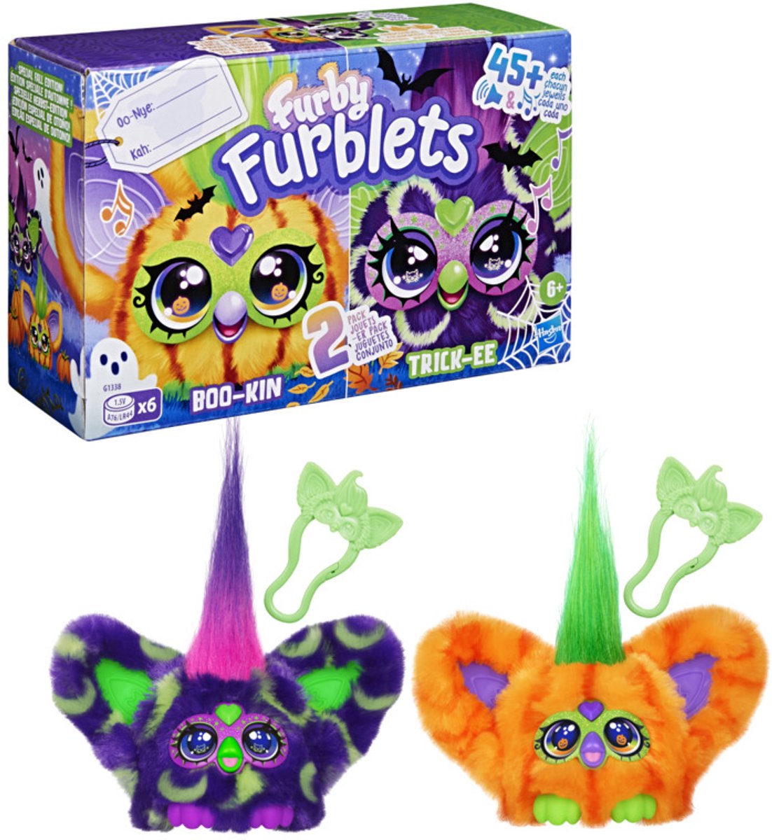 Furby Furblets Trick-Ee en Boo-Kin, herfsteditie, duopack elektronische miniknuffeldieren voor meisjes en jongens van 6+