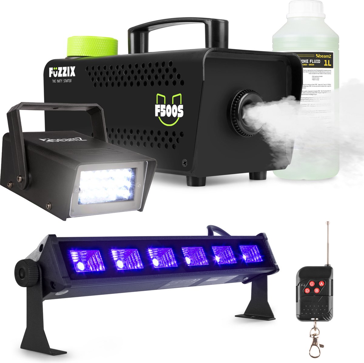 Partyset met   F500S   - 1L Rookvloeistof - 1x Stroboscoop en 1x Blacklight bar