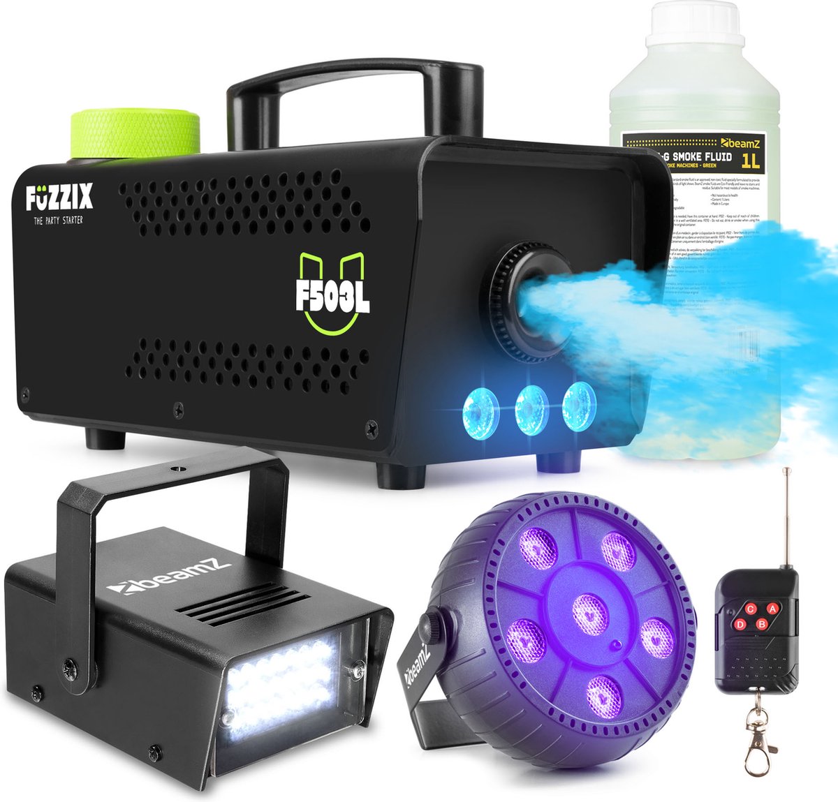 Partyset met   F503L   - 1L Rookvloeistof - 1x Strobo en 1x Blacklight op accu