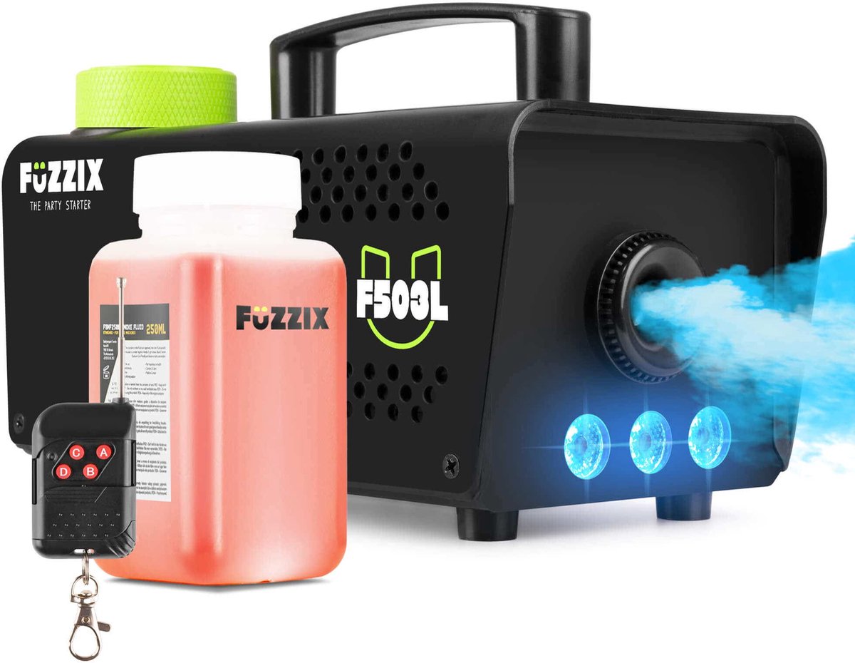   - met 250 ml rookvloeistof -   F503 - Rook machine met draadloze afstandsbediening - Ingebouwde RGB Leds