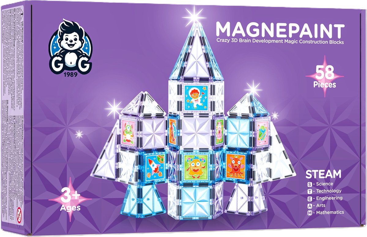 G G 1989 - Magnetic tiles - Sterpatroon - Ideeënboek - Opbergzak - 58 delig