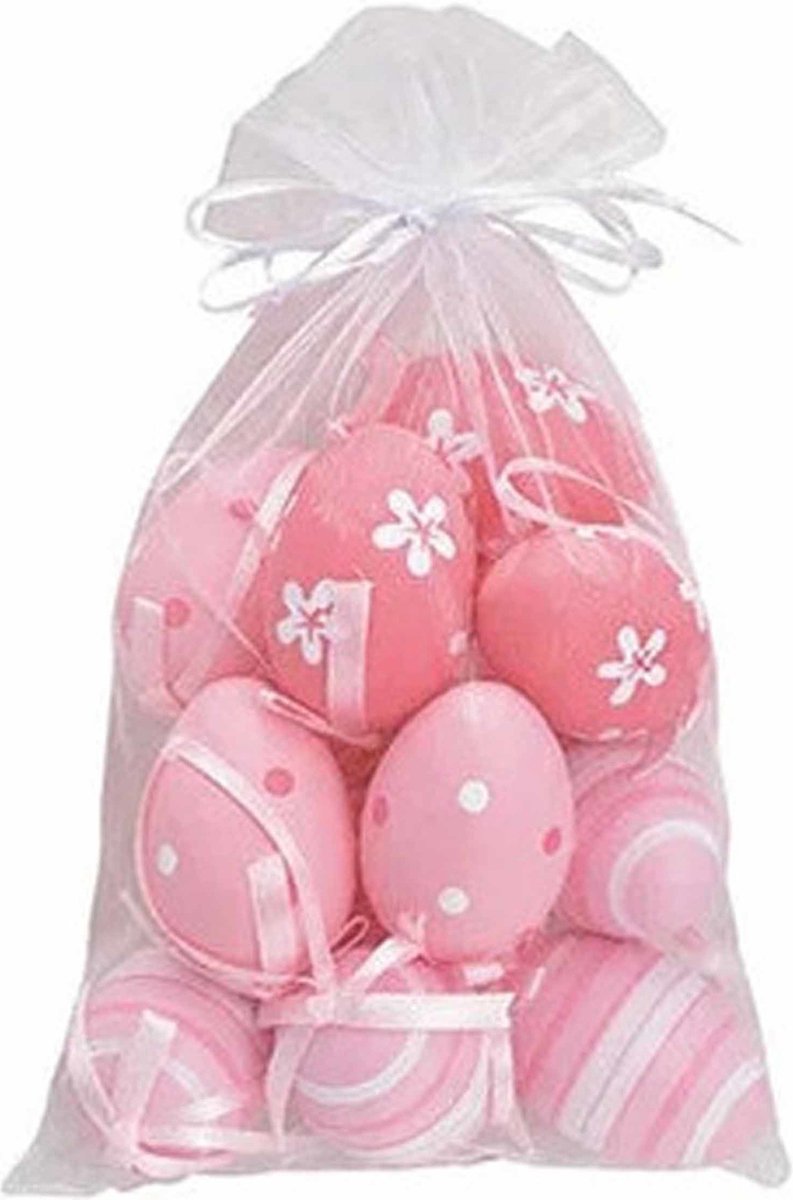 Set van 12x stuks paaseitjes roze in organza zakje 6 cm - Paaseitjes voor Paastakken  - Paasversiering/decoratie Pasen