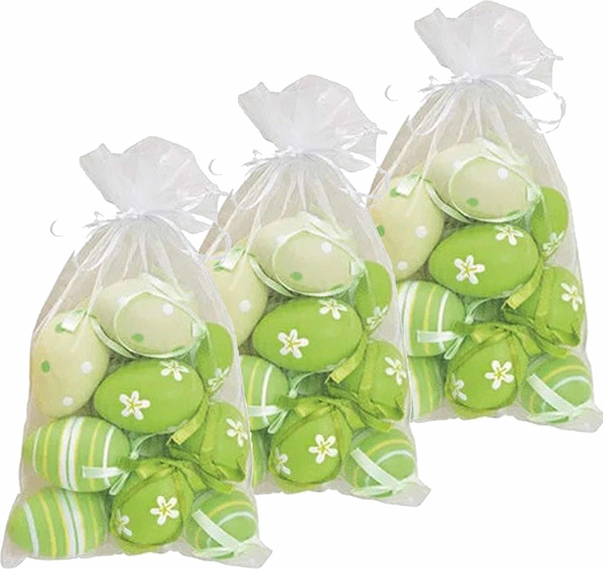 Set van 36x stuks paaseitjes groen in organza zakje 6 cm - Paaseitjes voor Paastakken  - Paasversiering/decoratie Pasen