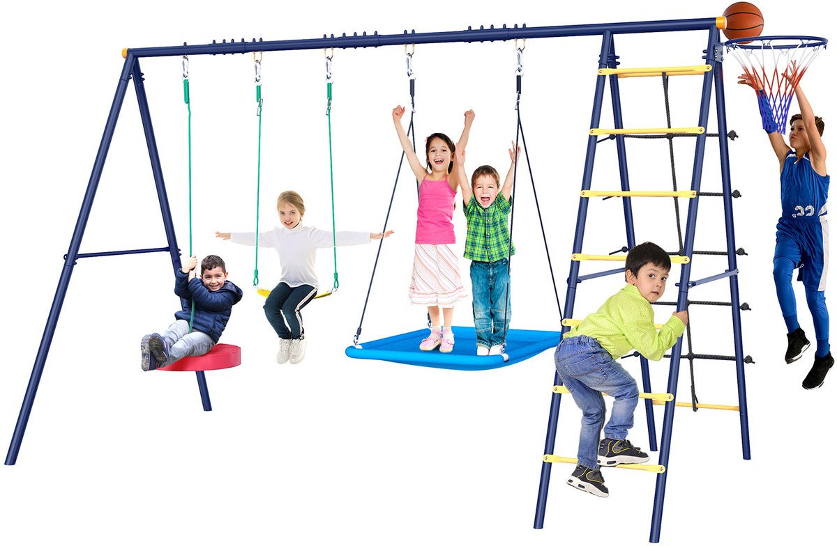 6-in-1 Speeltoestel voor Buiten – Complete Schommelset met A‑Frame, Platformschommel, Klimtouw & Ladder, Basketbalring – Tot 250 kg – Voor Kinderen van 3-8 jaar