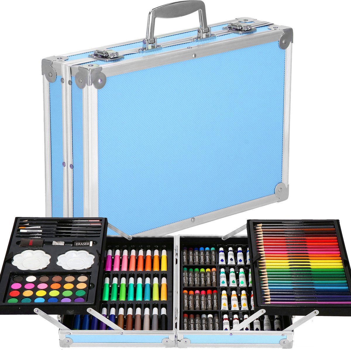 G G 1989 Tekenkoffer Schilderkoffer Tekendoos Tekendoos Voor Kinderen Tekenpakket Kleurpotloden Stiften Canvas Paneeltjes 148 Delig Blauw 8720865812052