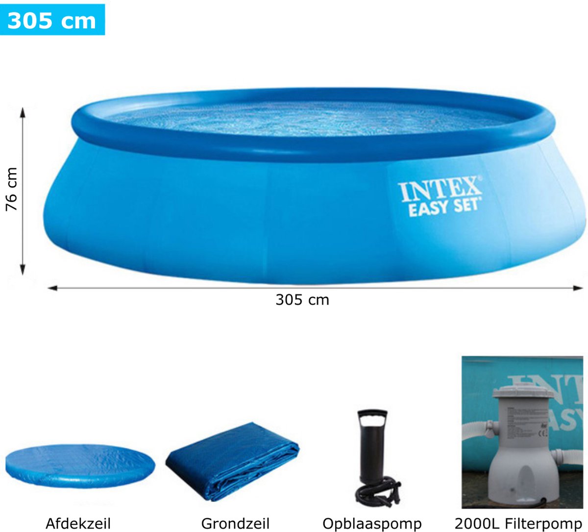 Intex® Zwembad Met Pomp 305cm - Opblaasbaar Bad + Filterpomp + Opblaaspomp + Afdekzeil + Grondzeil - Opblaasbaar Zwembad - Rond