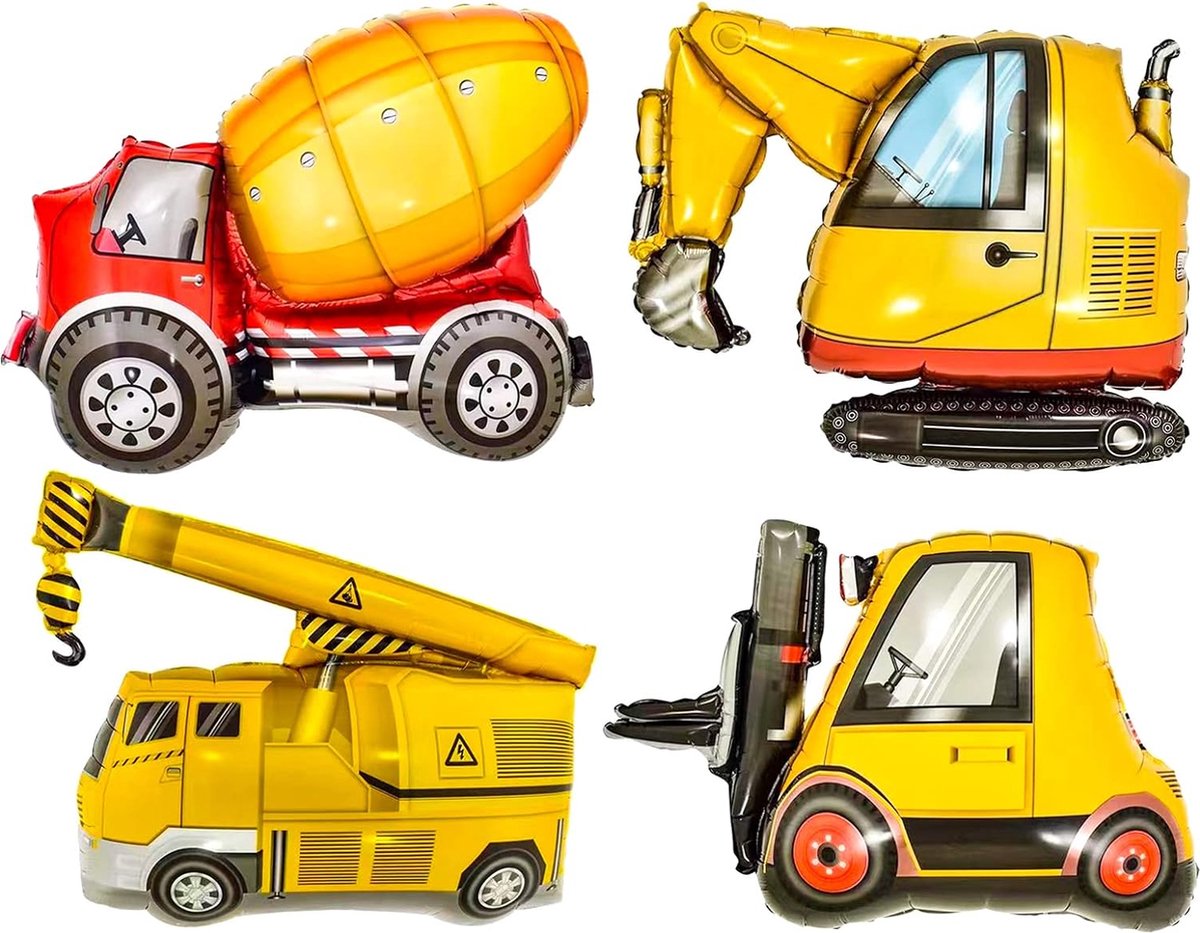 4 stuks bouwvoertuigen ballon - Graafmachine - Vorkheftruck - Kraan - Betonmixer - Helium - Folieballon - Kinderverjaardag Decoratie