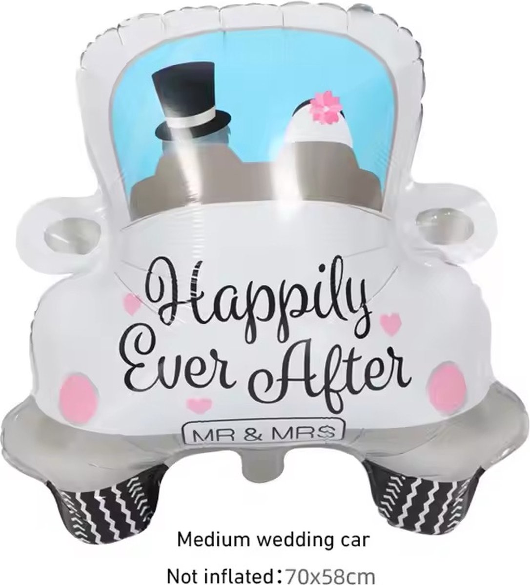 Bruidsauto ballon 70x58 cm - Just Married - Pas getrouwd - Verloofd - Verloving - Verlovingsfeestje - Verlovingsfeest - Trouwen - Trouwerij - Bruiloft - Bruid - Bruidegom - Zonder helium - Ballon - Folieballon - Zweven - Cadeau - Huwelijk -