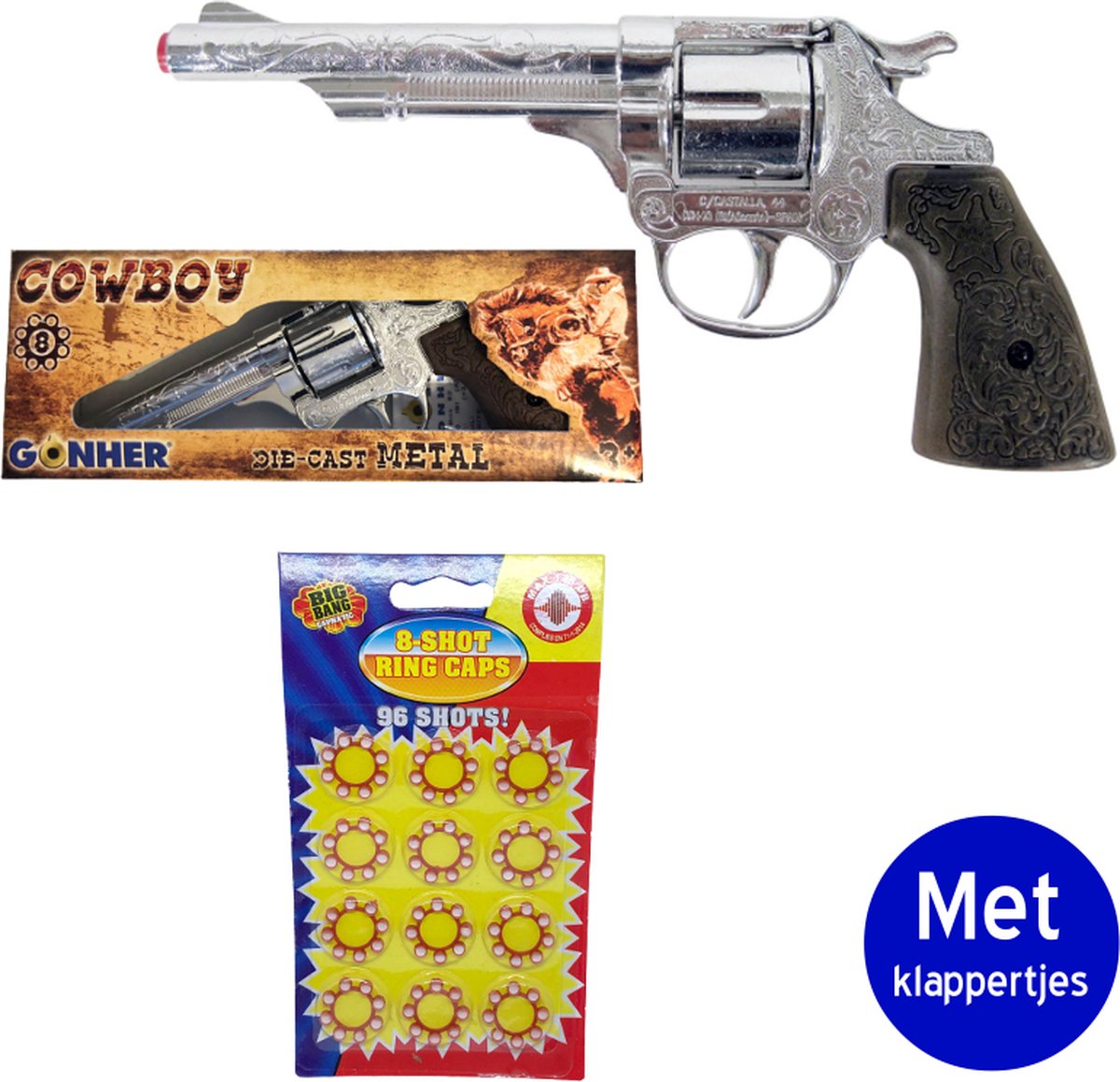 Gonher 8 schots Cowboy Revolver klappertjes pistool met 96 shots klappertjes
