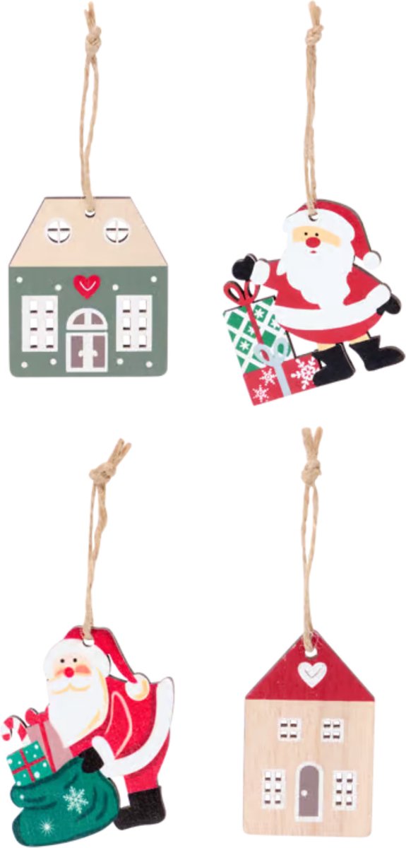 Gadgetpoint - Boomversiering - Versiering - Hangers - Kerstmis - Christmas - Xmas - Set van 4 - Kerstman & Huis