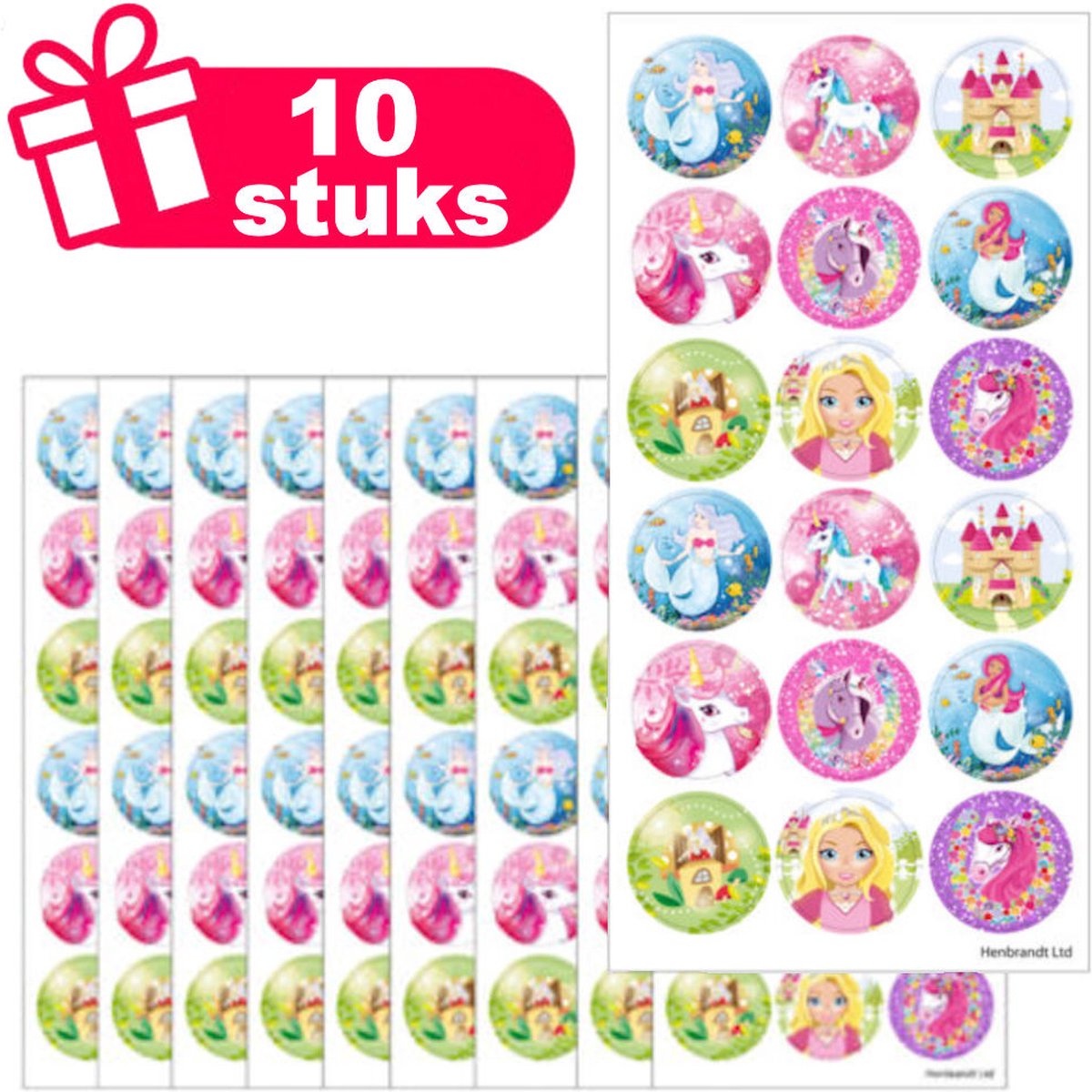Henbrandt - Set van 10x Stickervellen met Grote FANTASIE MEISJES Stickers om Uit te Delen of te Knutselen - Traktatie uitdeelcadeautjes - 10x Stickervellen voor Kinderen met 18 Stickers per Vel = Totaal: 180 Stickers