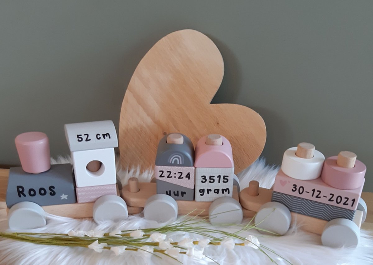 Label Label Houten Blokkentrein Roze – – FSC Hout – Educatieve Stapeltrein / Houten Trein met Blokken – Speelgoed voor Baby & Peuter – Motoriek Stimulerend – Perfect Kraamcadeau & Verjaardagscadeau