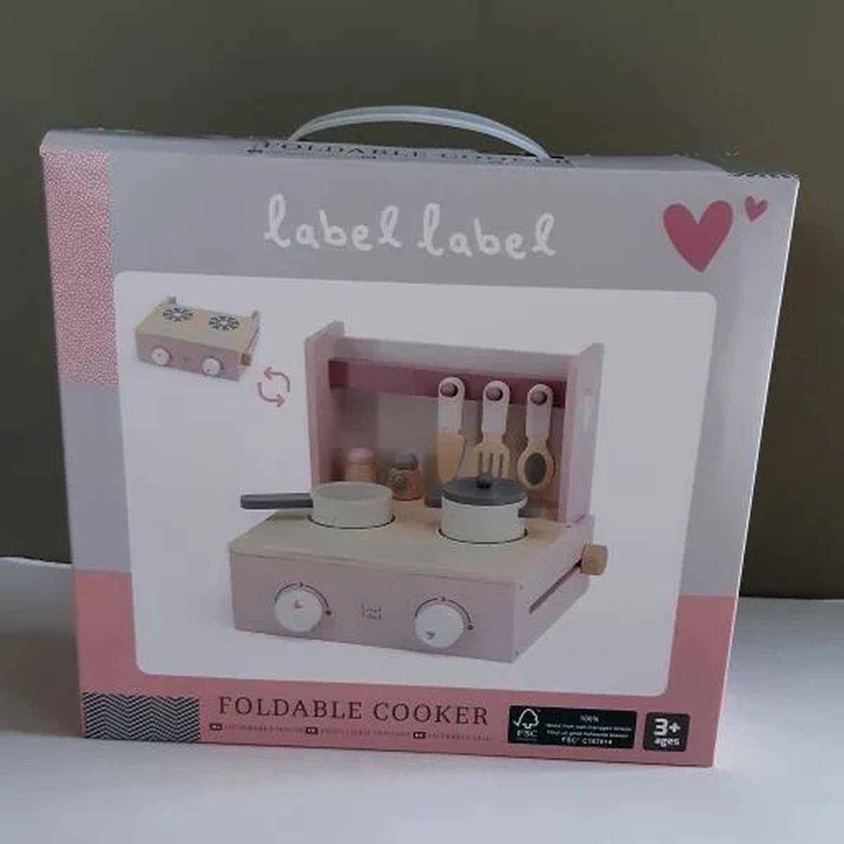 Label Label houten kookfornuis roze (met naam)