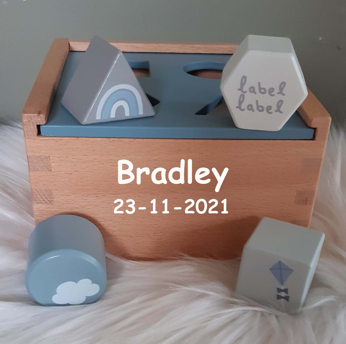 Label Label houten vormen sorteerdoos blauw (met naam)