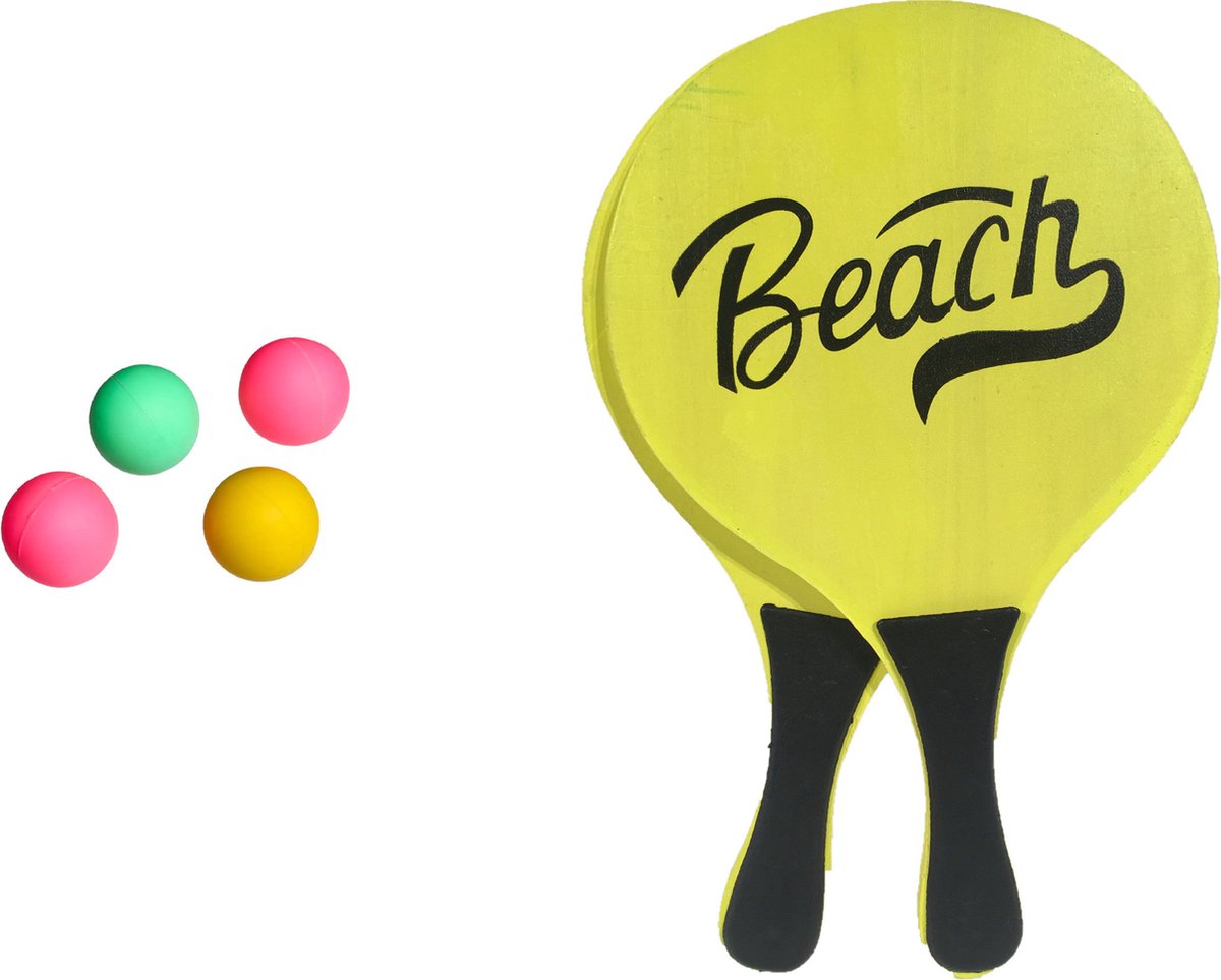 Gebro strand Beachball set - hout - geel - strand sport speelset - met 5x balletjes - speelgoed - kinderen en volwassenen