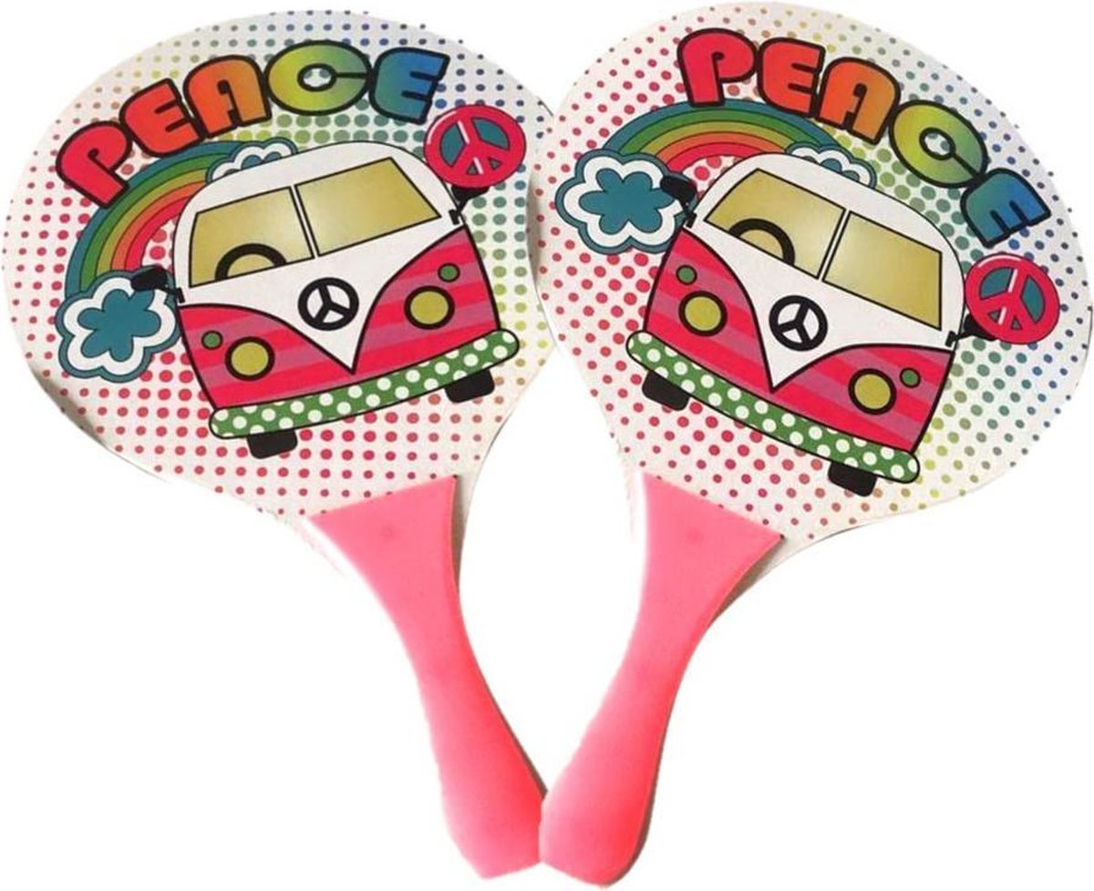 Houten beachball set wit/roze met hippie bus print - Strand balletjes - Rackets/batjes en bal - Tennis ballenspel