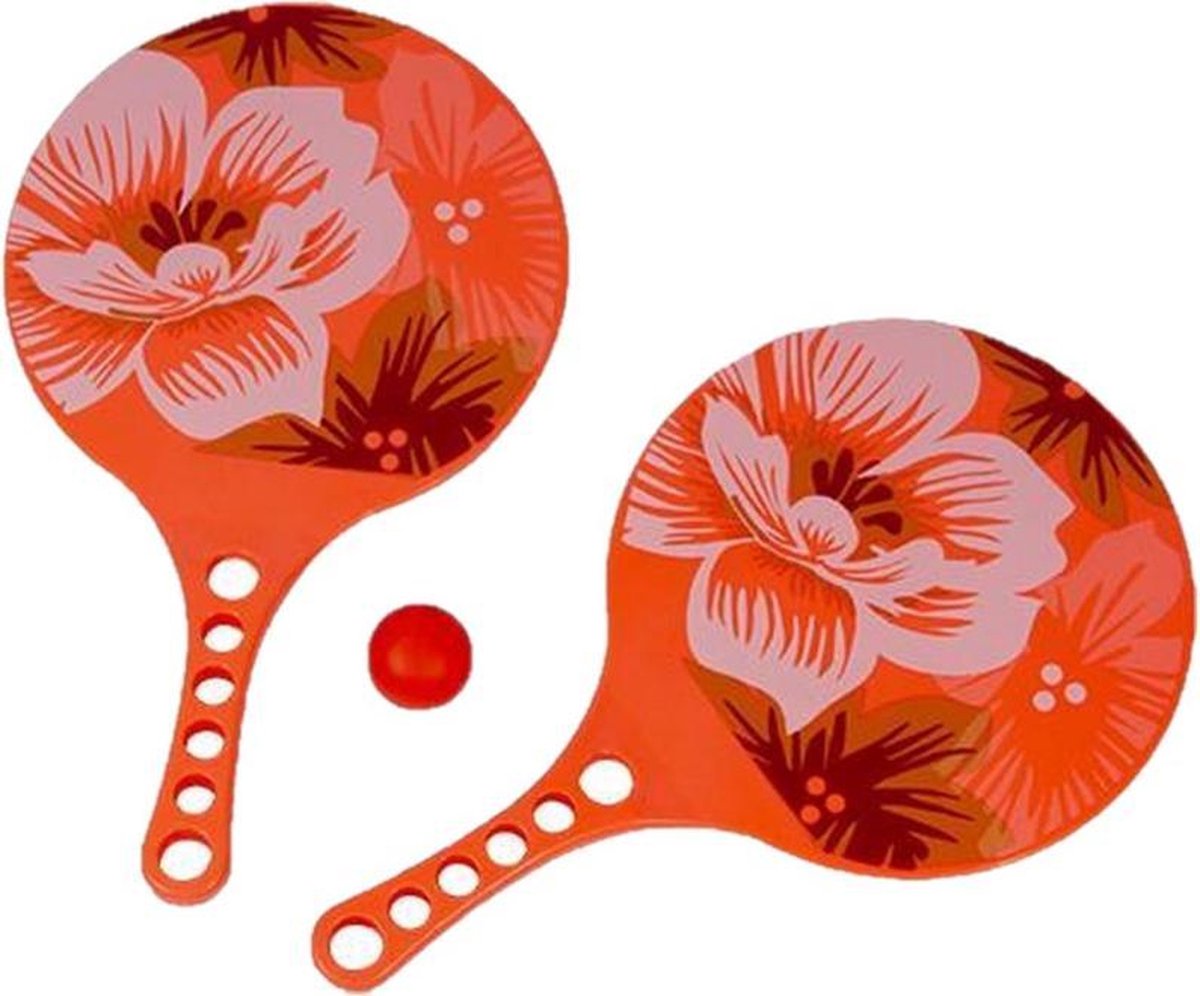 Kunststof beachball set oranje hibiscus print - Strand balletjes - Rackets/batjes en bal - Tennis ballenspel