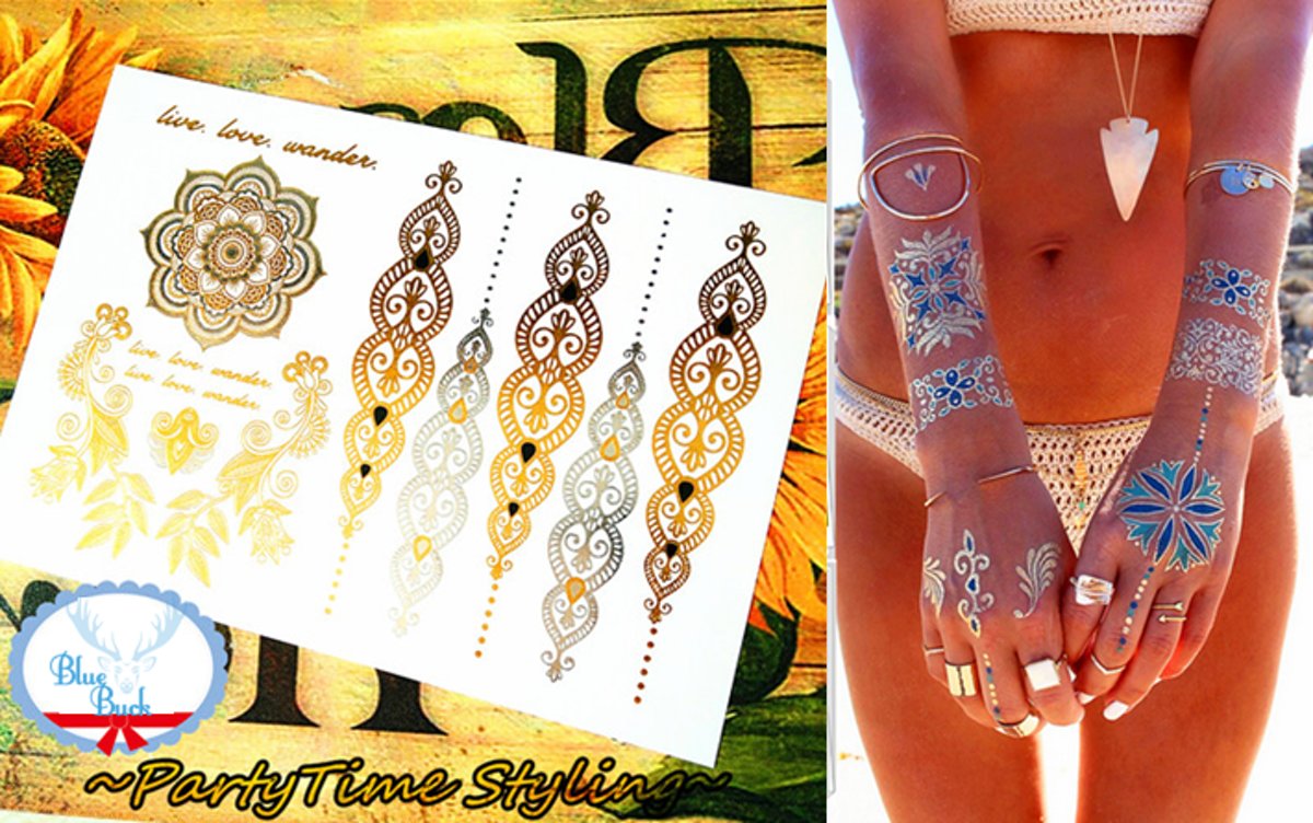 Plak Tattoos - Kleurrijke Metallic Tattoo - Body Choker - Tijdelijke Tatoeage - Festival Tatoes - Zomer feest tatoeages - Tattoo - 1 vel India Gold
