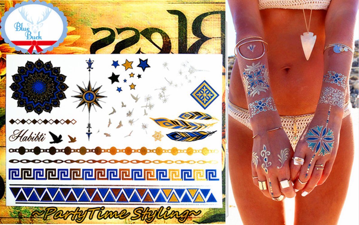 Plak Tattoos - Kleurrijke Metallic Tattoo - Body Choker - Tijdelijke Tatoeage - Festival Tatoes - Zomer feest tatoeages - Tattoo - 1 vel Navy Blue