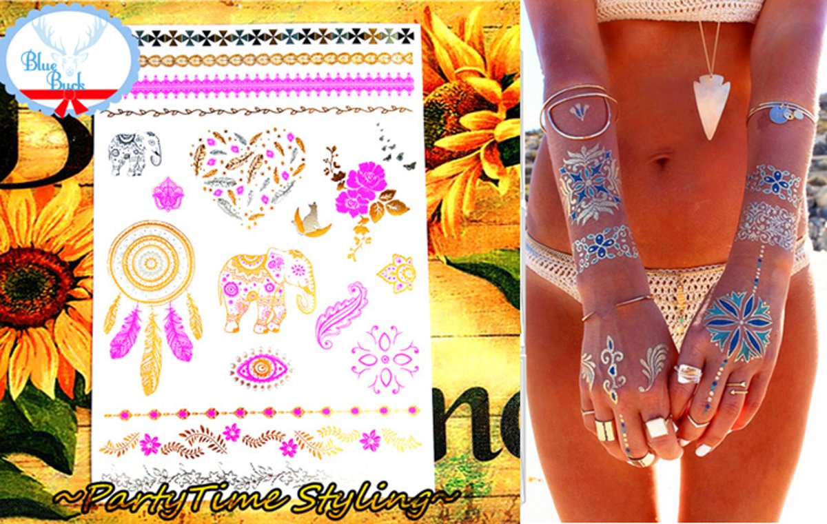 Plak Tattoos - Kleurrijke Metallic Tattoo - Body Choker - Tijdelijke Tatoeage - Festival Tatoes - Zomer feest tatoeages - Tattoo - 1 vel Pink Gold