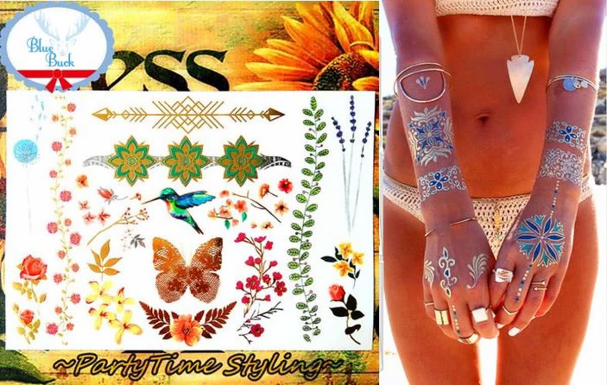 Plak Tattoos - Kleurrijke Metallic Tattoos - Body Choker - Tijdelijke Tatoeage - Festival Tatoes - Zomer feest tatoeages - Tattoo - 1 vel Lente