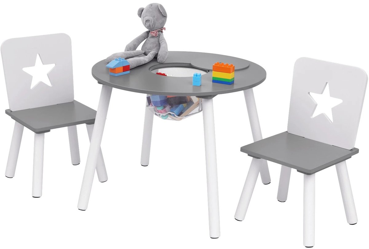 Bealive® Kindertafel - Inclusief 2 stoelen - Speel set - Rond - Grijs - Wit - MDF - Afgeronde hoeken - Verzonken schroeven - Afmetingen tafel: 59.5x46cm - Afmetingen stoel: 28x28x 51 cm
